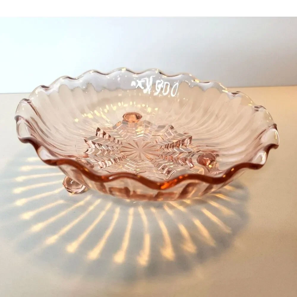 Rare Vintage 1930's Pink Depression Glass Art Deco STAR PATTERN Footed Bowl